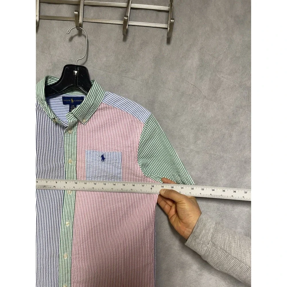 Ralph Lauren Shirt Boy's L (14-16) Hickory‎ Striped Seersucker Button Up Casual